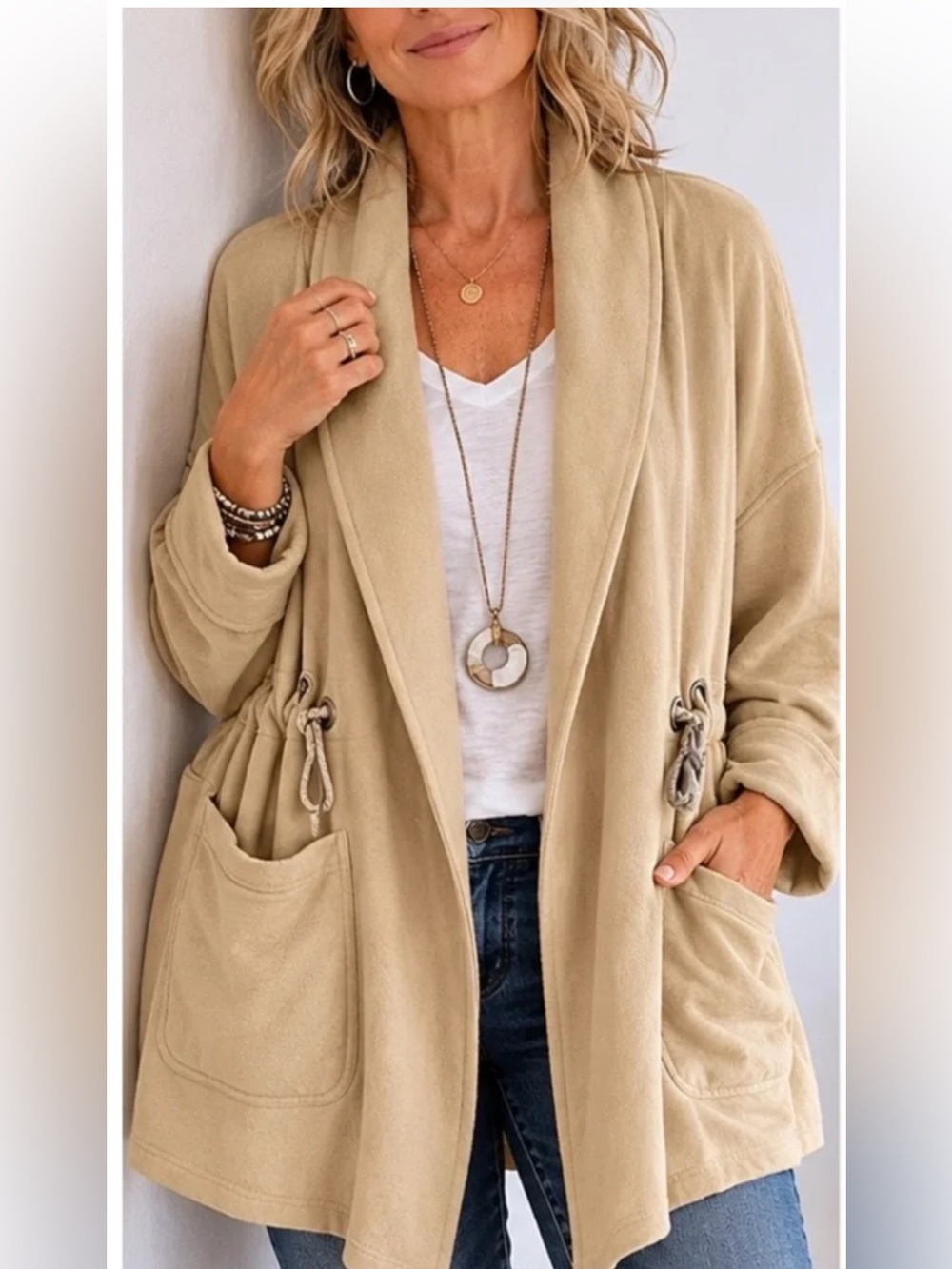 Beige Open Front Drawstring Pocket Cardigan